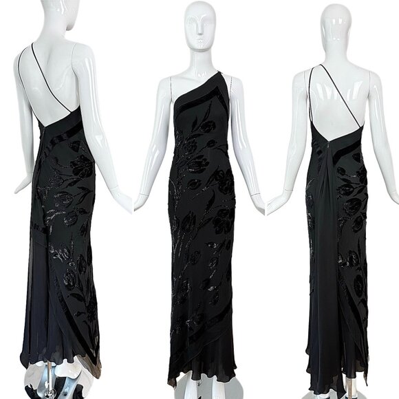 Pamela Dennis Dresses & Skirts - PAMELA DENNIS Vintage Black Silk Asymmetrical Evening Gown Maxi Dress Floral